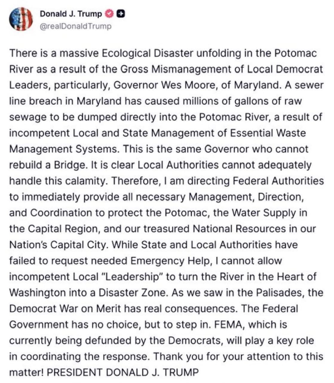 President Trump Blasts Democrat Governor For Mismanagement Of “Massive Ecological Disaster,” Directs FEMA To Step In