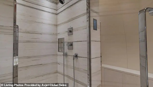 Noem's jet is equipped with a sprawling bedroom, flashy shower, and marble cocktail bar