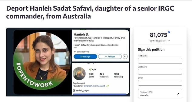 A petition calling for Ms Safavi's deportation has reached 81,000 signatures