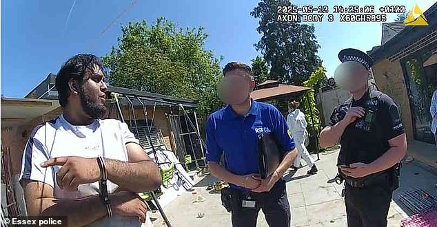 Police officers speak to handcuffed Rahman at the site, where he also lived. Pens and cages were filled with faeces, dog carcasses were riddled with maggots and the premises were infested with rats