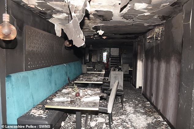 The burnt-out interior of Seventy One Indian in Poulton, Lancs which only reopened this week