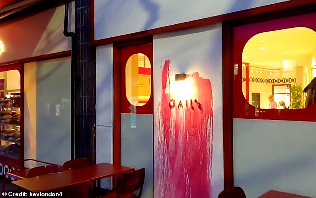 Pro-Palestine vandals throw red paint over new branch of Gail's in 'Free Gaza' protest after owner hit back at claims it was 'funding Israel'