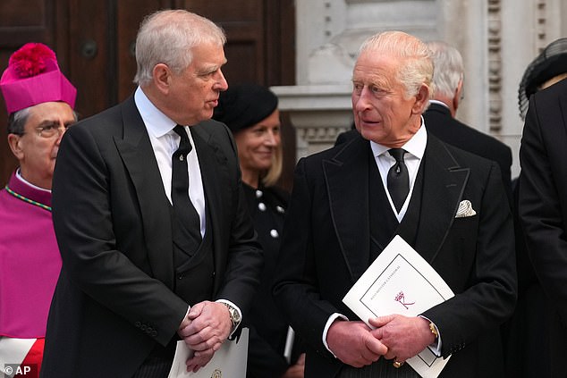 King Charles pictured with Andrew in 2025 at the Requiem Mass for the Duchess of Kent at Westminster Cathedral in London