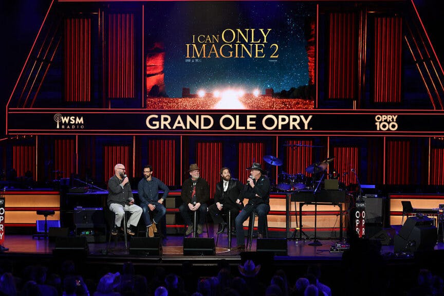 NASHVILLE, TENNESSEE - FEBRUARY 13: (L-R) Tim Timmons, Milo Ventimiglia, Bart Millard, John Michael Finley and Trace Adkins attend Lionsgate's "I Can Only Imagine 2" Night at The Grand Ole Opry on February 13, 2026 in Nashville, Tennessee. (Photo by Terry Wyatt/Getty Images for Lionsgate)