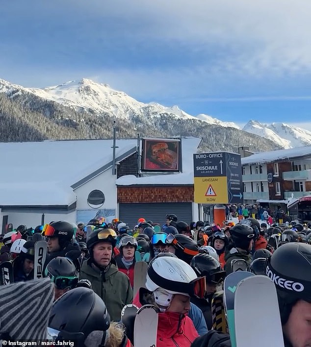 Footage from St.Anton showed people waiting due to delays caused by avalanche warnings