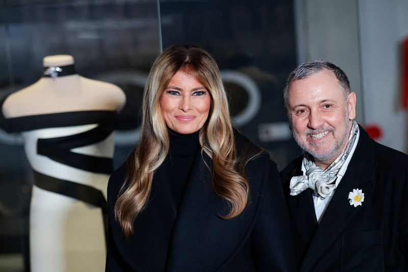 WASHINGTON, DC - FEBRUARY 20: First Lady Melania Trump and fashion designer Herve Pierre view her second inaugural dress during an event at the Smithsonian National Museum of American History where the first lady donated her gown to the museum on February 20, 2026 in Washington, DC. Mrs. Trump donated her second inaugural dress which was designed by Pierre, who also designed her first inauguration dress. (Photo by Anna Moneymaker/Getty Images)