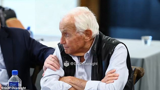 Wexner's lawyer, Levy, is pictured putting his hand on the billionaire's arm. The lawyer did so multiple times throughout the deposition to signal his client to give shorter answers