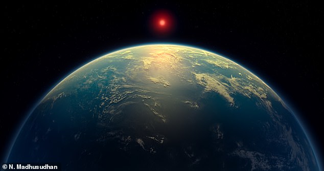 K2-18b (artist's impression) is a massive water world covered in oceans that orbits a red dwarf star 124 light-years from Earth. Scientists have found chemicals in its atmosphere that could be a sign of life