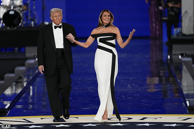Melania wore the white dress with black Z sash at President Donald Trump's second inaugural ball on January 20, 2025