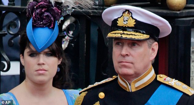 FILE - Britain's Prince Andrew, center, and his daughters Princess Eugenie, left, and Princess Beatrice leave Westminster Abbey after the wedding of Prince William to Catherine Middleton, in London, April 29, 2011. (AP Photo/Gero Breloer, File)