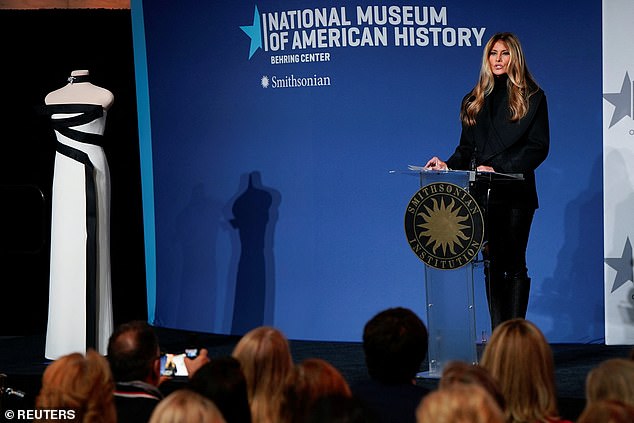 Melania in her five-minute remarks said that 'the human condition is captured within every stitch' of her gown