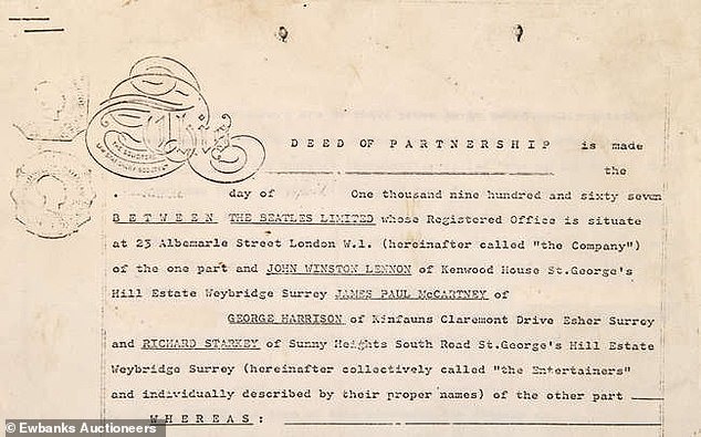 A Deed of Partnership between band members is included in the papers being auctioned