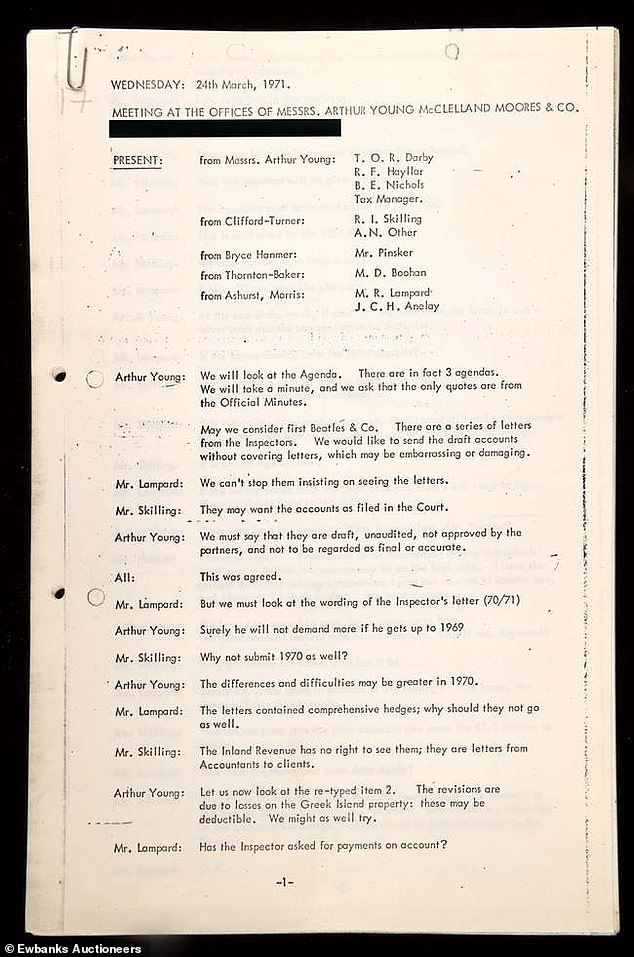 Minutes of a meeting between legal representatives discussing The Beatles' tax affairs in 1971