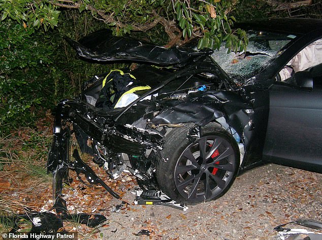 A devastating crash in 2019 claimed the life of a young woman and altered a young man's life forever. A Tesla, pictured above after the collision, smashed into the couple's parked car