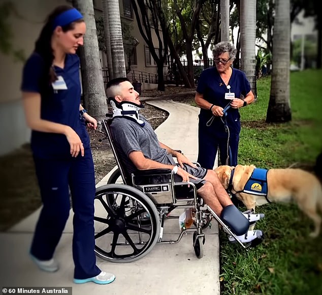Angulo suffered a traumatic brain injury and several broken bones from the crash. He spoke about the harrowing night in an interview with 60 Minutes Australia and is pictured above in a wheelchair after the accident