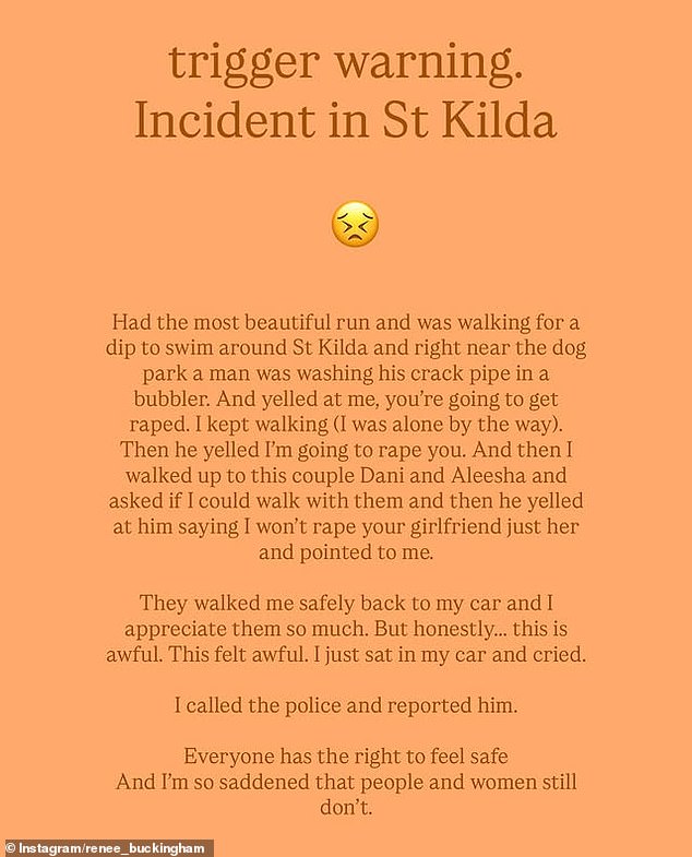 Ms Buckingham said a couple who were nearby walked her safely to her car