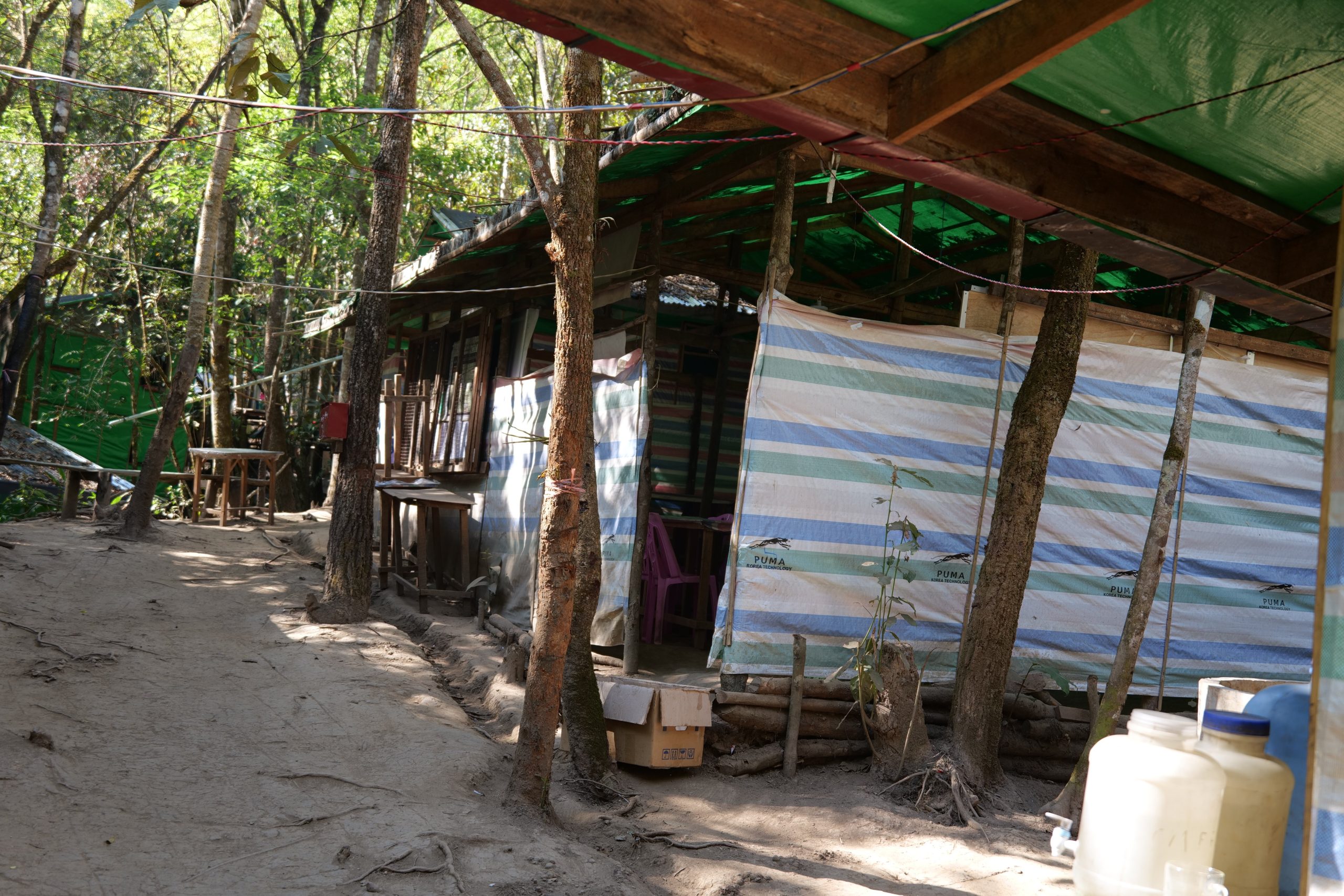 Rustic shelter in a forested area, featuring wooden structures and colorful tarps, surrounded by trees and a dirt path.