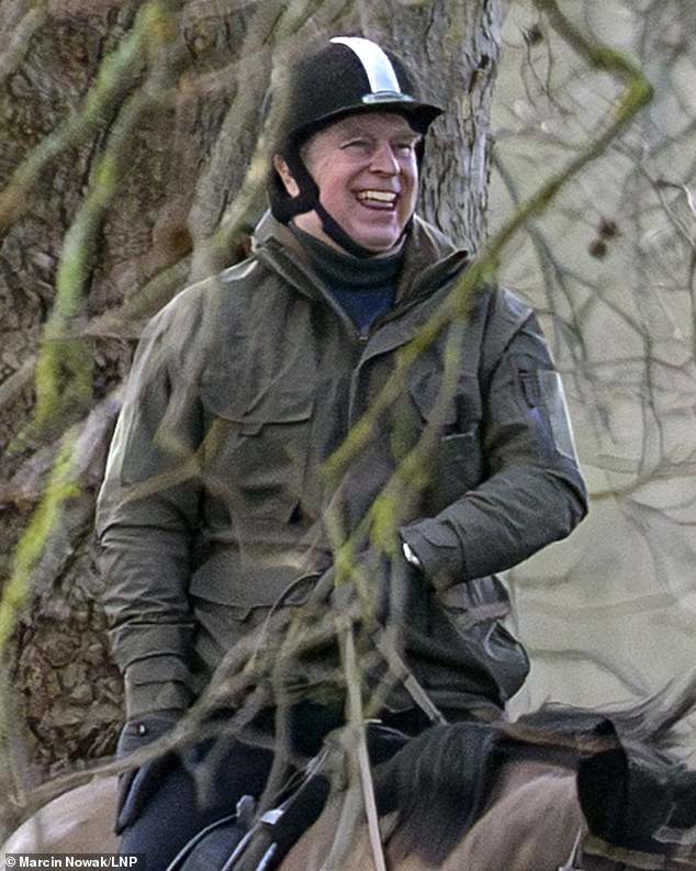 Andrew was seen smiling as he went horse riding near Windsor Castle before he was kicked out of Royal Lodge