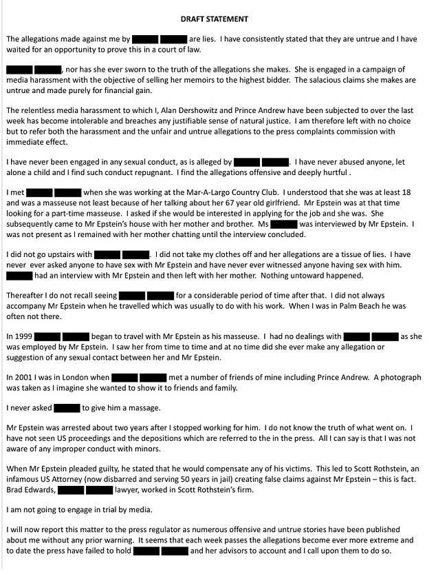 Ghislaine Maxwell wrote a draft statement which she sent to the paedophile financier Epstein, confirming that she had introduced Andrew to Giuffre when she was a teenager