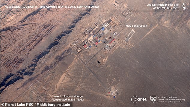 Assistant Secretary of State for Arms Control and Nonproliferation Dr Christopher Yeaw accused China of 'decoupling' to hide nuclear capabilities. Pictured above is satellite footage of China's nuclear test site