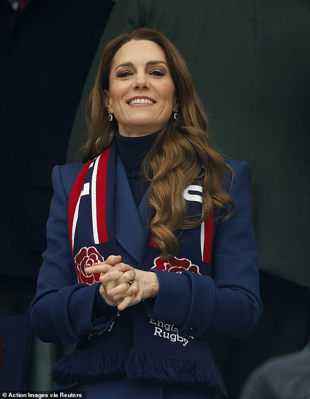The Princess of Wales clasps her hands as she enjoys the fixture at the Allianz Stadium in Twickenham on Saturday