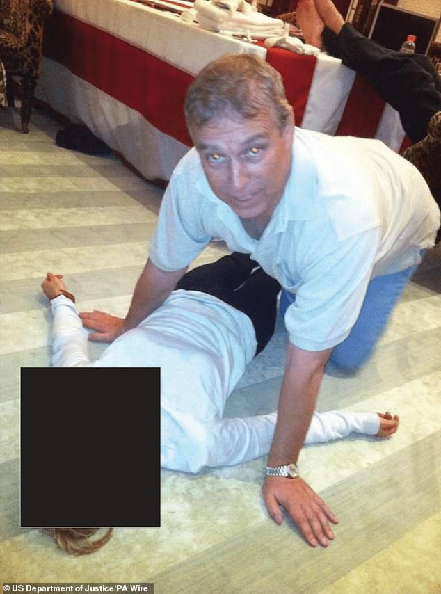Andrew was seen crouched over an unidentified woman in one of the latest photos released in the disclosure of files linked to Jeffrey Epstein