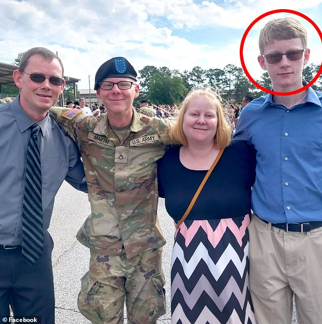 Martin's brother, Jacob Cade Martin (center left), 23, made his first Instagram post and story to spread information about the search for Tucker, captioning it, 'That first post feeling.' Jacob is now enrolled in Army training, and he is seen here in uniform. The photo was posted in December 2023, after their sister Caitlin was killed in a car crash