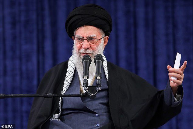 The news comes as the US has alluded to a potential military strike against Iran if they do not meet negotiations on nuclear testing. Pictured above is a photo of Iranian Supreme Leader Ayatollah Ali Khamenei on February 17