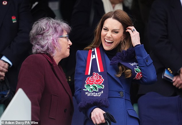 Kate sat in the stands at the Allianz Stadium in Twickenham today, as the royal family continues to reel from its most serious crisis in modern history (Pictured with Deborah Griffin, President of England RFU)