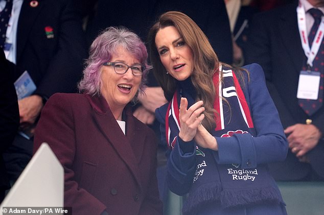 The Princess of Wales with RFU President Deborah Griffin in the stands before the Guinness Men's Six Nations match at the Allianz Stadium in Twickenham