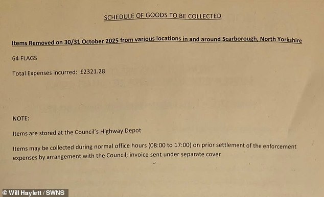 The cleaning and maintenance firm boss was sent a bill of £2,321.28 plus VAT for the removal of 64 flags