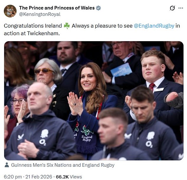 The Princess of Wales said it is 'always a pleasure' to watch the England rugby team
