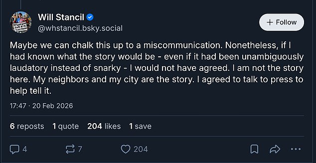 Stancil wrote on BlueSky that he did not think the article would focus so heavily on him and expressed dissatisfaction for how he was portrayed