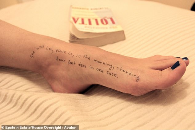 A woman's foot is seen with a passage from Vladimir Nabokov's Lolita - with the novel pictured in the background. The foot has the line: 'She was Lo, plain Lo, in the morning, standing four feet ten in one sock'