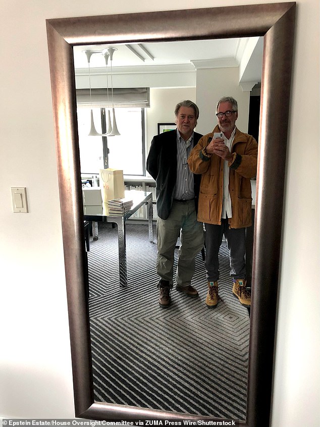 Jeffrey Epstein and Steve Bannon pose for a selfie. Epstein and Bannon had a professional relationship during 2018 and 2019, when the political strategist provided media coaching and advice to the pedophile on rehabilitating his public image