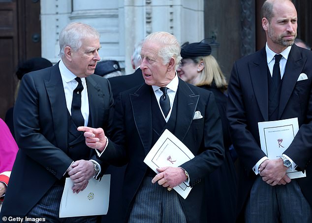 The ex-Duke of York Andrew Mountbatten-Windsor (left) speaking to King Charles (centre) at the Duchess of Kent's funeral in September last year - while Prince William (right) stands apart