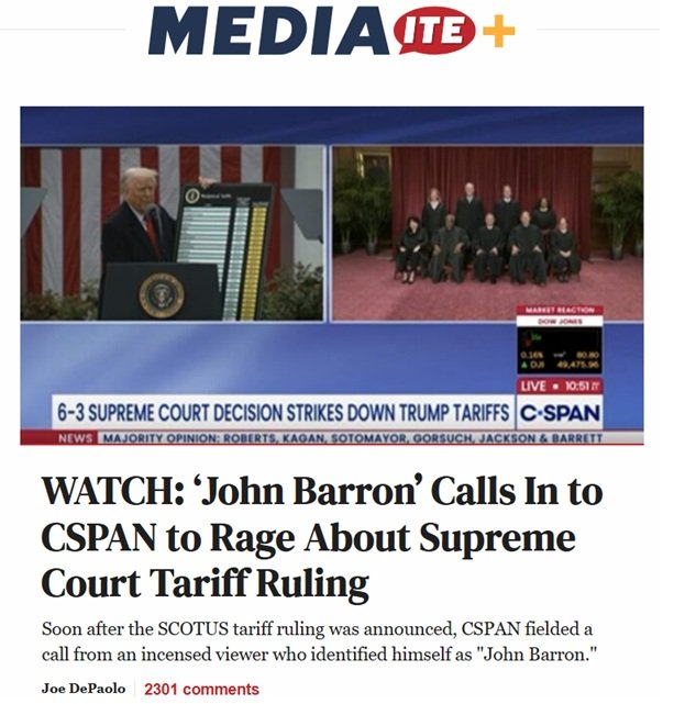 CSPAN coverage of Supreme Court's 6-3 decision striking down Trump tariffs, featuring a call from a viewer identifying as 'John Barron.'