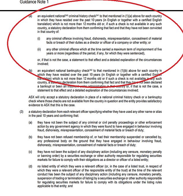 The rules to apply for a listing on the ASX include declarations of past criminal offences or bankruptcy so the Exchange can determine if CEOs or directors are of 'good fame and character'
