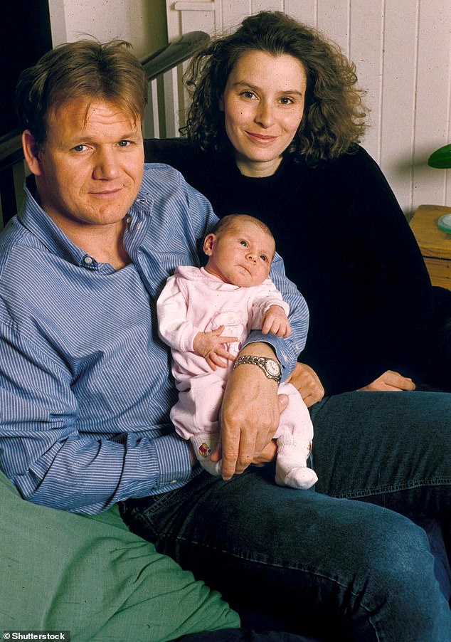 Sarah claims, former nursery school teacher Tana, who had married Ramsay in 1996, was at home looking after their three eldest children including twins Holly and Jack who were born prematurely (pictured with daughter Tilly in 1998)