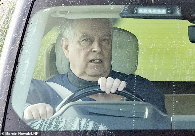 Andrew is seen driving near to his former home Royal Lodge in January