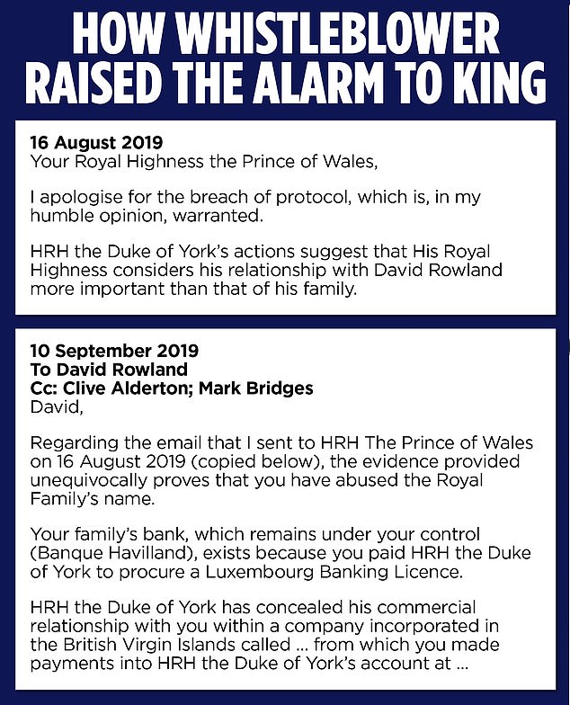 In the email to the Palace the whistleblower claims that Andrew 'considers his relationship with David Rowland more important than that of his family' and alleges that Mr Rowland paid the Duke to secure a banking licence