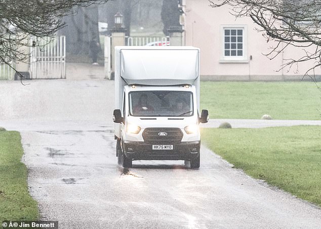 A removals van is seen leaving Royal Lodge. The former Duke of York was told to leave his stately home earlier than expected this month