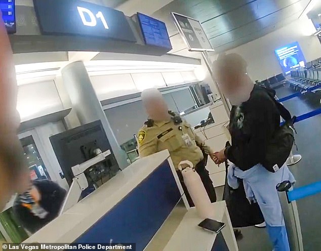 Las Vegas police released bodycam footage showing Bryson trying to get through Gate D1 (pictured), where officers immediately confronted her