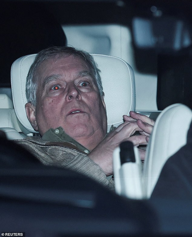 Andrew is pictured leaving Aylsham police station in Norfolk shortly after 7pm on Thursday following his arrest on suspicion of misconduct in public office