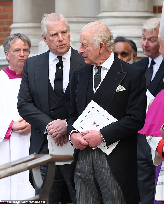 ‘Given that the King is footing all his bills, you might expect some sort of gratitude. But he’s been very rude. He is in another world,’ says a Norfolk source close to the family (Pictured: Andrew and King Charles at the Duchess of Kent's funeral last year)