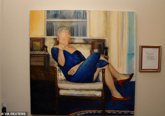 A painting of Bill Clinton lounging on a chair in the Oval Office, wearing red heels and posing suggestively in a blue dress redolent of Monica Lewinsky, was in a room off the stairway of the Upper East Side townhouse. Artist Petrina Ryan-Kleid exhibited the original painting, which is called 'Parsing Bill', for her degree show when she graduated with an MFA in 2012 from the New York Academy of Art. She had no idea it was exhibited at Epstein's home. It is unclear if Epstein had the original canvas or had a print mounted.