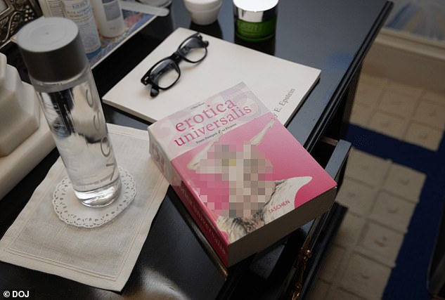 An erotic book on Epstein's desk entitled 'Erotica Universalis' next to glasses and a bottle of water