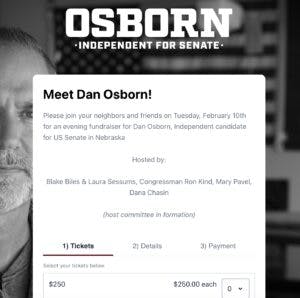 A screenshot of the ActBlue link for Dan Osborn's cancelled fundraiser with Dana Chasin as of Monday morning.