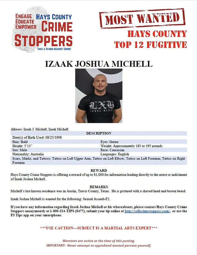 The flyer on Michell's arrest with Hays County Crime Stoppers offering a $1,000 reward