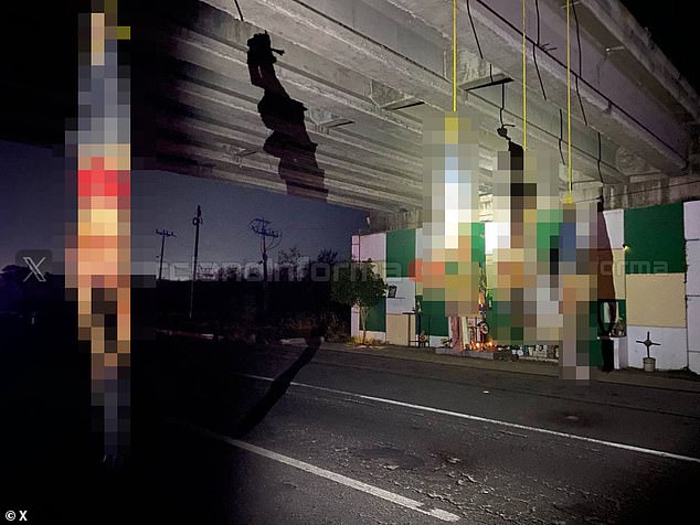 Four beheaded men were seen hanging from a highway overpass last year in Mexican cartel war massacres